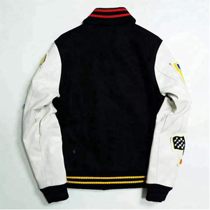 Veste universitaire noire et crème pour homme, la plus vendue, avec patchs lettres brodés, col rabattu, coupe droite, pour l'automne, style décontracté - Product Image 4