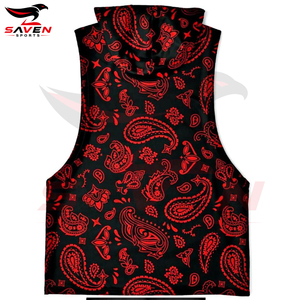Black Red Outer Wear With Customized Logo Printed Breathable Soft Touch Material Unique Design Fitness Gym <b>Sleeveless</b> Hoodies - Product Image 5