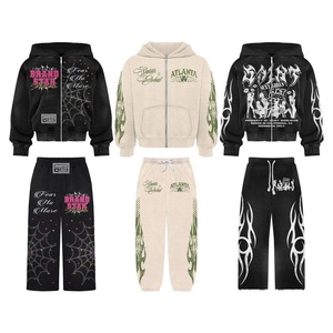 2025 haute qualité Vintage lavé survêtement ensemble goutte épaule à capuche et jambe droite pantalon pantalons de survêtement T-Shirt ensemble pour l'hiver - Product Image 1