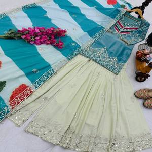 VASTRA COTTAGE Conjunto Kurti de Fiesta de Diseño para Mujer con Top Premium de Bordado de Lentejuelas Pesadas, Palazzo y Dupatta de Organza Tabi - Product Image 4