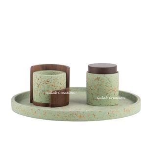 Ensemble brûleur de bakhoor en terrazzo vert, écologique, porte-encens en bois de santal avec plateau et couvercle pour parfumer la maison et décorer le Ramadan - Product Image 1