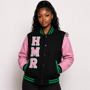 Veste de sororité Alpha Kapa personnalisée HMR, brodée, style varsity, pour femmes, sur mesure, rose et noir - Product Image 1