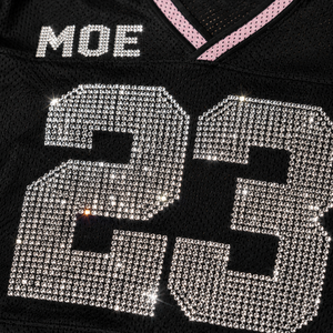 Custom Printed Sports Fashion Black Crop <b>Top</b> American Football Jersey Trending <b>Rhinestone</b> Crystal Loose Fit Women Teamwear Tee - Product Image 2