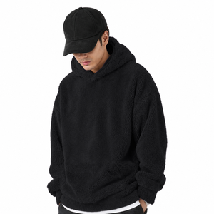 <b>Mens</b> Black <b>Sherpa</b> Hooded Oversized Sweatshirt Casual Winter Wear Anti-Pilling Knitted Solid Color Regular Fit - Product Image 1
