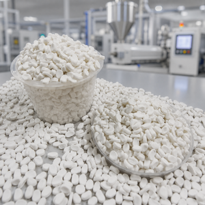Meilleur prix, produit phare : Granulés de carbonate de calcium (masterbatch) en forme de remplissage, couleur blanc naturel, matière première pour bidons. - Product Image 1