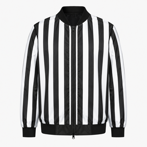 Men's Custom <b>Black</b> <b>White</b> Striped Referee Jacket Full Zip Lightweight <b>Football</b> Officials Bomber Jacket Sports Uniform Team wear - Product Image 1