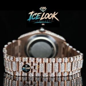 Reloj Mecánico con Aspecto de Hielo en Tono Oro Rosa, Incrustaciones de Diamantes, Esfera con Números Romanos, Brazalete de Eslabones, Reloj de Pulsera Elegante - Product Image 4