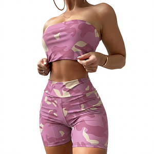 Women's Solid Two Piece Set Strapless Tube Top <b>High</b> Waist Shorts Breathable Skinny Fit Sporty Fitness Wear Red Black Gray - Product Image 2