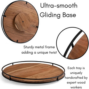 Circular Wood Ottoman Tray <b>Matte</b> Black Iron Wire Rim Coffee <b>Table</b> Decorative Tray - Product Image 5