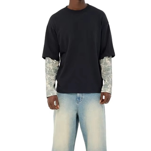 Men Oversized Double Layer Graphic T <b>Shirt</b> <b>Y2K</b> Grunge Streetwear Long Sleeve Mock Two Piece Boxy Fit Tee OEM Custom - Product Image 1