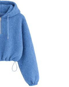 Sweat à capuche court en polaire texturée bleu ciel, quart de zip, ourlet ajustable avec cordon, streetwear décontracté, pull chaud pour homme, logo personnalisé - Product Image 3