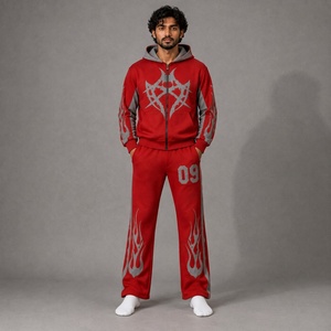 Conjunto Deportivo Gráfico Rojo y Gris para Hombre con Chaqueta con Capucha y Cremallera y Pantalones Anchos para Ropa Casual de Calle - Product Image 1