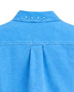 Veste en jean courte bleue personnalisée pour femme avec boutons sur les épaules ornés de strass, manches longues, style décontracté streetwear - Product Image 6