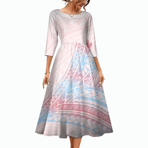 Vestido Casual de Manga Midi Rosa para Mujer, Talla Grande, Elegante, Diseño Tribal Polinesio Hawaiano, Estampado Personalizado - Product Image 5