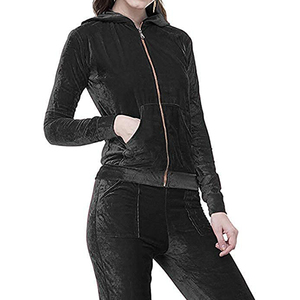 <b>Women</b> Solid Color <b>Velour</b> <b>Tracksuit</b> Hooded Zipper Full Sleeve Skinny Fit Ankle-Length Pants Breathable Casual Autumn Wear - Product Image 4
