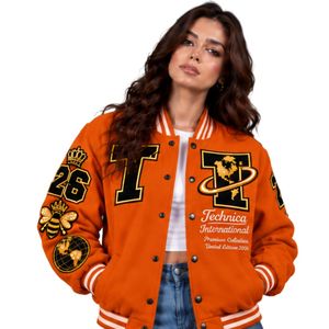 Bright Orange Womens Varsity Bomber Jacket Embroidered Patch Baseball Style <b>Long</b> Sleeve Streetwear Casual College Outerwear <b>Coat</b> - Product Image 1