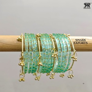 Luxury Handmade Sea Green Kashmiri Raindrop Glass Bangle Set Ghungroo Gold Plated Traditional Ethnic Wedding Jewelry for Women - Product Image 3