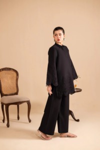 Kurta en coton noir à manches brodées, coupe ample, longueur cheville, tenue de soirée, haute qualité, toutes saisons, pour femmes, style Inde Pakistan - Product Image 1