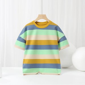 T-shirt personnalisé avec logo OEM, 100% coton, 180 GSM, pour enfants, à manches courtes rayées, col rond, t-shirts surdimensionnés, hauts pour filles et garçons, chemises d'été - Product Image 5