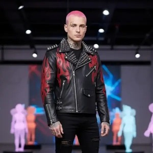 Veste de motard en cuir cloutée de flammes pour homme - Product Image 2