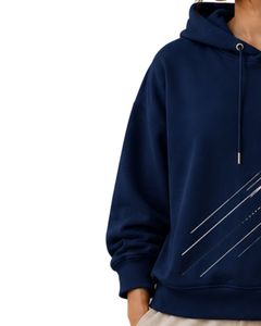 เสื้อฮู้ดโอเวอร์ไซส์สีน้ำเงินกรมท่าสำหรับผู้หญิง พิมพ์ลายกราฟิกเรขาคณิต ผ้าฝ้ายฟลีซ แขนยาว สไตล์ลำลอง สตรีทแวร์ - Product Image 3