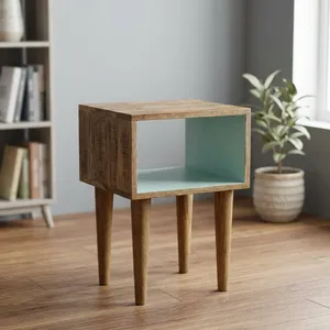 Mesa de Noche Rústica de Madera con Estante Abierto y Patas Altas Cónicas para Dormitorio - Product Image 3