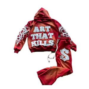 Ensemble de survêtement unisexe noir à capuche avec imprimé lettres blanches, style streetwear, coupe ample longue, fermeture à cordon, poches latérales - Product Image 4