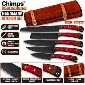Ensemble de 5 couteaux de cuisine en acier inoxydable J2, couteau de chef, Santoku, Nariki, couteau à désosser, couteau à découper, manche personnalisé en bois de noyer et résine - Product Image 1
