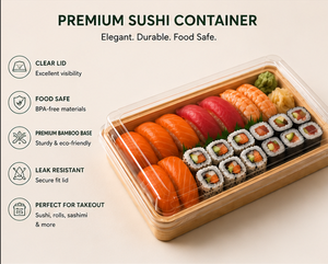 ถาดซูชิลายไม้แบบใช้แล้วทิ้งพร้อมฝา PET ใส เกรดสำหรับอาหาร สำหรับร้านอาหารแบบซื้อกลับบ้านและบรรจุภัณฑ์ปิกนิก - Product Image 4