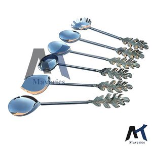 <b>Silver</b> Plated <b>Tea</b> Spoons <b>Set</b> With Leaf Handle Mirror Finish Long Handle Modern Design - Product Image 1