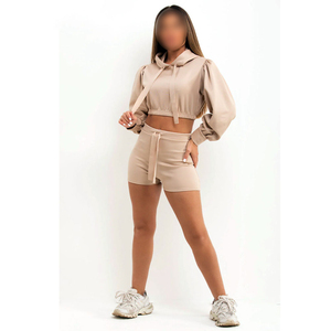 Conjunto de 2 Piezas para Mujer, Color Beige, Top Corto con Capucha y Lazo, Manga Larga, Casual, Primavera-Verano, Tejido de Punto, Spandex, Poliéster, Color Sólido - Product Image 3