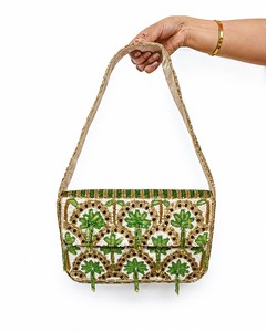 Beaded <b>for</b> Evening <b>Bag</b> with Green Floral Pattern Shoulder Strap Handmade Cotton Lining Elegant <b>Wedding</b> Gift Party Accessory - Product Image 1