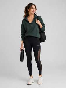 Ensemble de survêtement 2 en 1 pour femme, sweat-shirt vert à demi-zip et leggings en mesh noir - Product Image 4