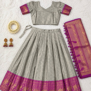 Lichi Silk Jacquard Zari Border <strong>Ready</strong> <strong>to</strong> <strong>Wear</strong> <strong>Lehenga</strong> Choli With Banarasi Dupatta Full Stitched Half <strong>Saree</strong> By Royal Export - Product Image 6