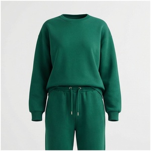 Conjunto Deportivo de Mujer en Algodón Verde, Cuello Redondo, Manga Larga, Color Sólido, Corte Holgado Informal, Pantalones y Sudadera de Peso Medio para Otoño - Product Image 1