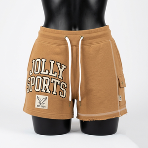 Shorts deportivos de algodón para mujer, color marrón claro, con paneles laterales y logotipo personalizado impreso. - Product Image 4