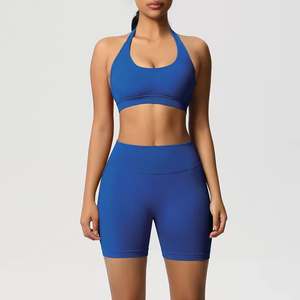 Wholesale Women’s 2-Piece Gym <b>Set</b> Adjustable Strap Sports Bra and Mid Waist Shorts Solid Front Seamless Quick Dry Workout - Product Image 1