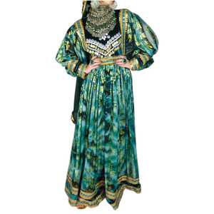 Afghani Womens Eco-Friendly Vintage Maxi Chiffon <b>Dress</b> Floral Embroidery Button Detail Natural Waistline for Evening <b>Dresses</b> - Product Image 1