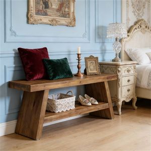Solid Wood Double-Layer Entrance <b>Bench</b> with Open Storage Design Shoe <b>Rack</b> - Product Image 3