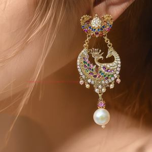 18K Gold Plated Hoop Ear Chain with Intricate Peacock Design Crystal Pearl and Diamond Accents - Product Image 3