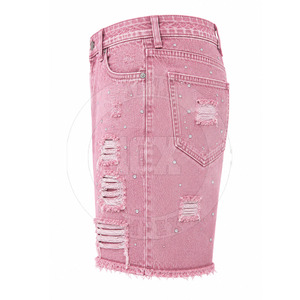 Shorts en jean déchirés à boutons et strass, sans coutures, décontractés, respirants, pour l'été, fabriqués au Pakistan - Product Image 4