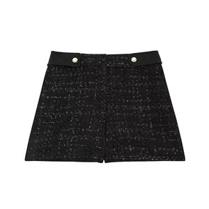 Elegante conjunto de pantalones cortos de tweed para mujer con cierre de botones, cintura alta, estampado liso negro, chaqueta de manga larga de corte regular y pantalones cortos. - Product Image 4