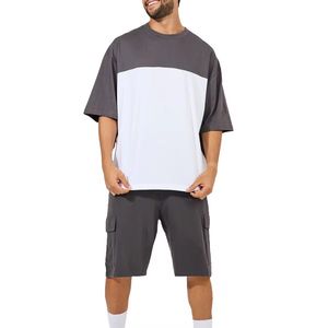 Ensemble T-shirt et short décontracté pour homme, été, color block, col rond, coton tricoté, blanc et gris, respirant - Product Image 1