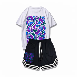 Conjunto de Verano para Hombre y Mujer, Color Sólido, Estampado con Letras, Cómodo, Transpirable, Estilo Americano, Holgado, Manga Corta y Pantalones Cortos - Product Image 1