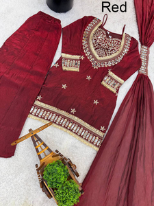 ชุดงานแต่งงานฤดูหนาวสไตล์อินเดีย 3 ชิ้น ชาราร่า ดีวาลี ปักลาย ผ้าไหมเฟนดี้ ยับยาก ไม่ต้องรีด พร้อมกระจกแท้ - Product Image 4