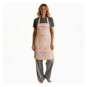 Bib Apron With Lemon Pattern Yellow <b>Trim</b> <b>Machine</b> Washable Cooking Apron Daily Use Woven Textile 1-4 Pockets For Bulk Supply - Product Image 1