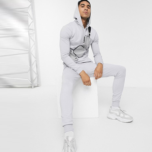 Men's Light Gray Hooded <b>Tracksuit</b> Full Sleeve Solid Color Casual Breathable Polyester Sweatshirt Pants Set Spring Wear - Product Image 1