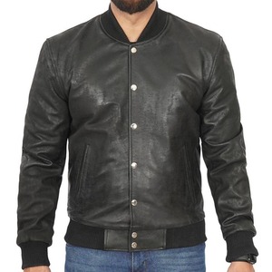 เสื้อแจ็คเก็ตบอมเบอร์หนังสีดำสำหรับผู้ชาย - Product Image 1