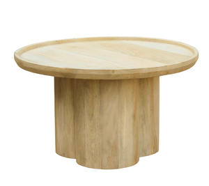 Mesa de Centro Moderna de Lujo en Madera Sólida con Diseño Festoneado, Estilo Minimalista con Base de Pedestal, Acabado Natural y Detalle de Bandeja en la Superficie - Product Image 1