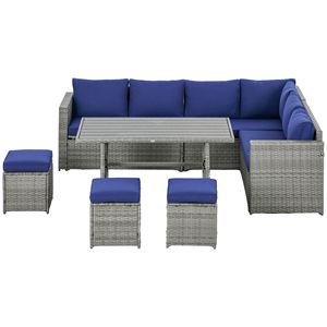 7-Piece Dark Blue Rattan Patio Set L-Shaped Sectional Sofa Weather-Resistant <b>Cushions</b> <b>Storage</b> for Outdoor Hospital Garden Sets - Product Image 1